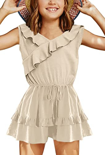 Haloumoning Jumpsuit Mädchen Rüschensaum Loose Fit Ärmellos Strampler Kinder Sommer Casual Shorts mit Taschen Overall,Beige,12-14 Jahre