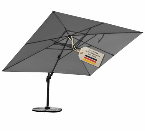 RS Trade Sonnenschirm Ampelschirm 3x4m groß rechteckig, Windsicherung, Ständer, Schutzhülle, drehbar neigbar kippbar mit Kurbel, windstabil für Garten Terrasse Balkon Gastronomie, dunkelgrau