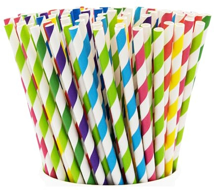 GUSTO [200 Pack] Striped Paper Drinking Straws 100% Biodegradable - Assorted Colors - Formerly Comfy Package