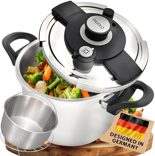 QUIXO Schnellkochtopf 6L VitaSmart Dampfkochtopf Induktion | Quicksafe-Verschluss mit Kochsignal, 2 Garstufen (6L + Garkorb)