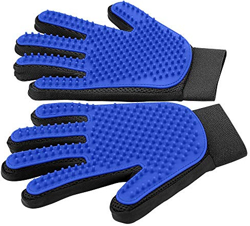 Haustierpflege-Handschuhe 1 Paar (Blau) – Fellpflegehandschuh Tierhaarentferner mit 255 Silikonspitzen, 5-Finger Massagehandschuh, für Hunde & Katzen (Langhaar/Kurzhaar), auch fürs Baden, waschbar