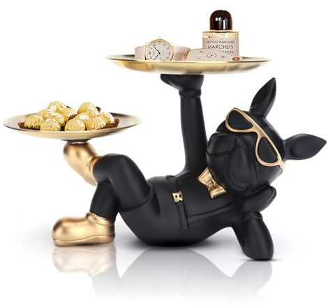 OKESYO Bulldogge Skulptur mit Tablett, Französische Bulldogge Tablett Deko, Wohnzimmer Büro Moderne Ornamente, Geschenk für Frauen Männer Mama