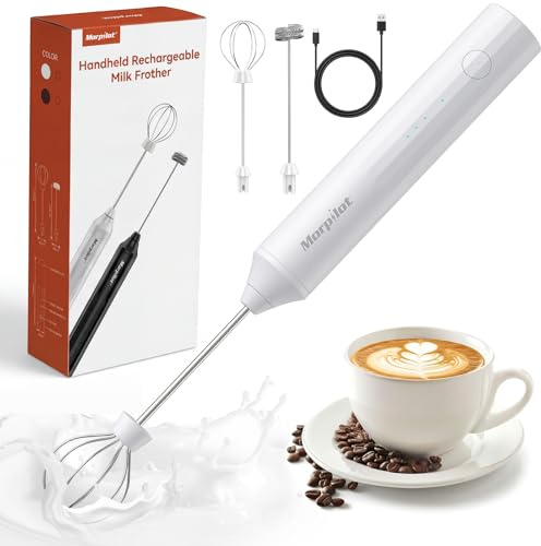 Morpilot Milchaufschäumer Stab, Milchschäumer Elektrisch Wiederaufladbar, abnehmbarer Edelstahl Schneebesen, Mini Mixer für Latte, Matcha-Tee, Cappuccino, Weiß