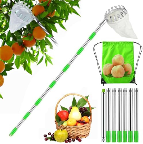 HEYIDAMAI Obstpflücker,Apfelpflücker,Pflückhilfe 3M,Obstgreifer Einfach zu Montieren,Kirschenpflücker mit Leichter Edelstahl Verlängerung Verbindungsstange und Baumwollbeutel Ø16 cm