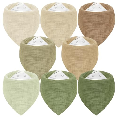 Yukkidds Lätzchen Baby Musselin Dreieckstuch Sabberlätzchen Halstuch | 8er Pack Baby Lätzchen aus 100% Baumwolle, Saugfähig & weich, Verstellbare Druckknöpfe, für Jungen & Mädchen, Grün & Braun