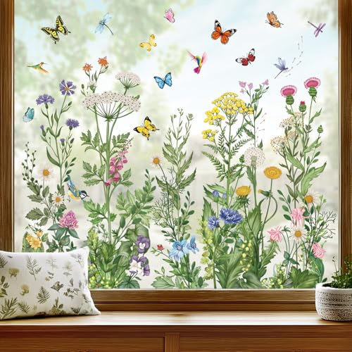 wondever Fenstersticker Frühling Wildblumen Fenster Aufkleber Vintage Blumen Gras Schmetterling Fensterbilder Fensteraufkleber Anti-Kollision Doppelseitig Glasaufkleber Glas Deko