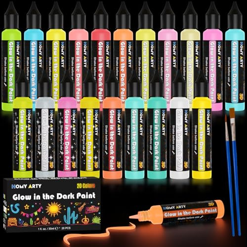 HOMY ARTY Nachtleuchtende Farben 20×30ml, 3D Textilfarbe Farbe | Wasserfest Glow in the Dark Farben für Halloween und Weihnachten, Fluoreszierende Farbe Klebestift für Steine, Leinwände