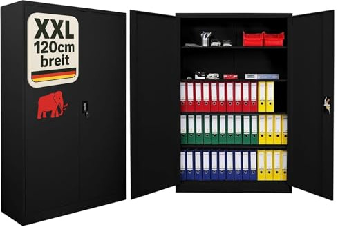 PROREGAL Flügeltürenschrank Elephant Metall Aktenschrank abschließbar 2 Türen 180x120x40cm Stahl 4 Ebenen Stahlschrank Pulverbeschichtung Schwarz Werkstattschrank Mehrzweckschrank Büroschrank