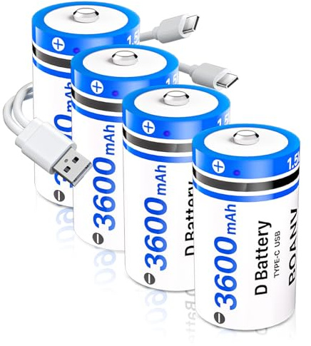 BOANV D Akkus Wiederaufladbar 3600mAh,1.5V Wiederaufladbare D Akku USB Typ C Ladekabel LR20 Ersatzbatterie für Taschenlampe,Kamera, Flutlicht Spielzeug (4 Stück)