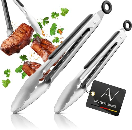 AVANA Grillzange Küchenzange aus Edelstahl 2er Set Kochzange Silikon Zange Mehrzweckzange zum Kochen & Grillen - Schwarz