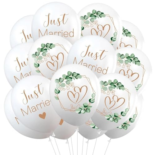 Ovanda 18 Luftballons Hochzeit 12 Zoll, Weiß mit Herz & Eukalyptusdesign | Aus Latex, für Luft oder Helium; mit Just Married, Herz und Eukalyptusdesign für Verlobung, Standesamt und Hochzeit.