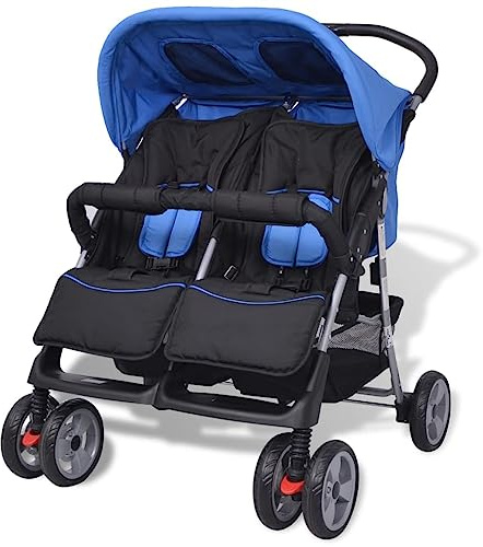 Willood Geschwisterwagen Tandem Kinderwagen Zwillingskinderwagen Stahl Blau und Schwarz
