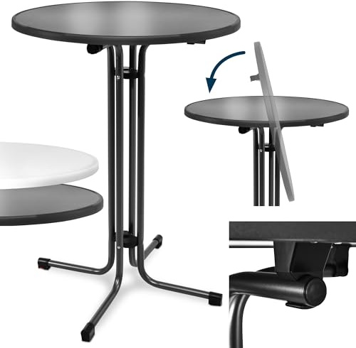 Beautissu Stehtisch klappbar 60 cm Schwarz Bellini – Kratzfest Stabil Wetterbeständig – Stehtische Outdoor Bistrotisch Rund Montage leicht Halterung vormontiert– Biertisch Partytisch Klappbar Bartisch