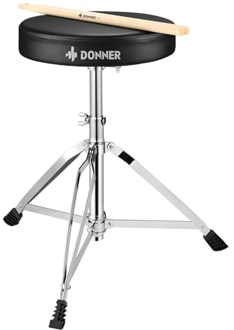 Donner Drumhocker mit Ahorn Holz Drumsticks, Schlagzeughocker Höhenverstellbar 48-58 cm für Elektronisches Schlagzeug, Drum Set, Maxi Belastung 90 kg
