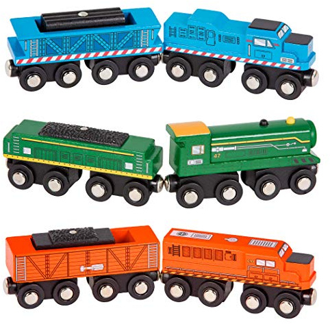 Battat Hölzerne Lokomotiven und Güterwagen, magnetische Holzeisenbahn | 6-teiliges Holzset mit 3 Lokomotiven und 3 Güterwagen, magnetisch verbindbar, für Rollenspiel und Eisenbahnspaß, 3+ Jahre