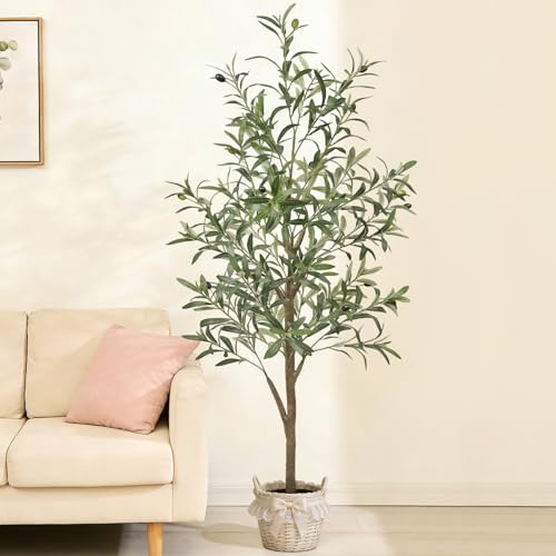 Olivenbaum Künstlich 150cm, Künstliche Pflanzen Groß Olivenbaum, Naturgetreues Laub und Zweifarbige Früchte, Künstliches Moos Mit Stabilem blumentopf, Kunstbaum Indoor Fake Mediterrane Wohnkultur
