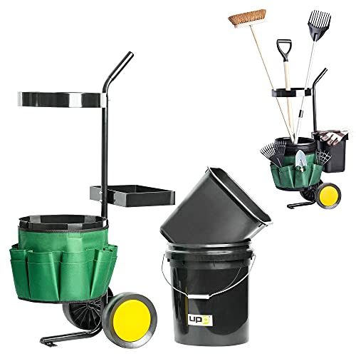 UPP Garten- & Werkzeugtrolley I Transportwagen mit 12 & 20 L Eimer | Gerätehalter und Tasche mit 12 Fächern für Gartenwerkzeug I Gartentrolley mit Rollen I 40 kg belastbar I 100 cm Langer Griff