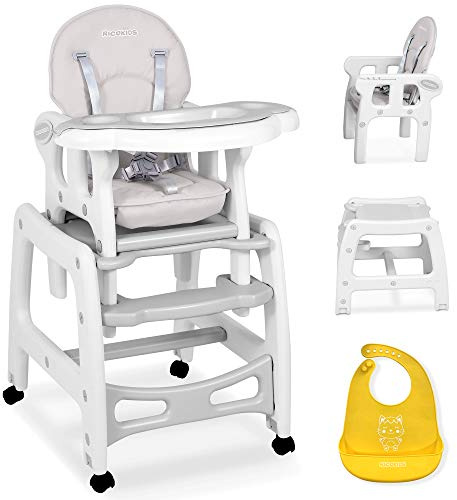 Ricokids Sinco Kinderhochstuhl - Babyhochstuhl Mitwachsender - Multifunktions Hochstuhl 5in1 - Tisch + Babystuhl Regulierbar - Schaukelfunktion - 3-fache Neigungsverstellung der Rückenlehne - (Grau)