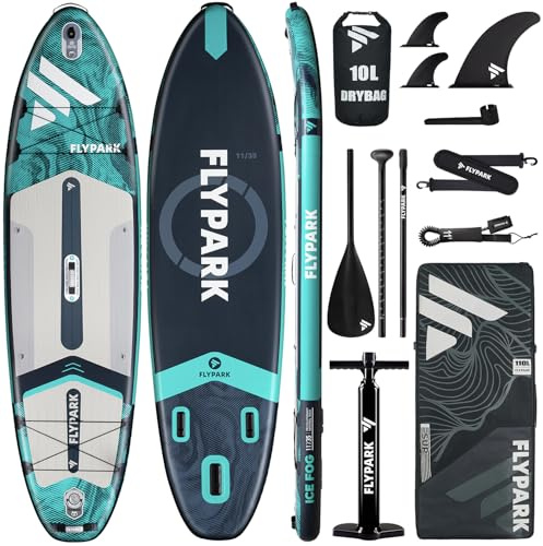 Flypark Aufblasbare Stand-Up-Paddle-Boards, extra breites SUP-Paddleboard, aufblasbar, Yoga-Stand-Up-Paddle-Board, Familien-SUP-Board, 116L-Rucksack, Schultergurt, 2-Aktion-Pumpe