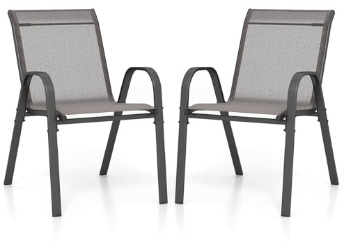 GOPLUS 2er Set Gartenstühle stapelbar, Bistrostuhl Balkonstuhl aus Textilene bis 150kg, Stapelstuhl mit Rückenlehne und Armlehn, Essstuhl Outdoor für Garten Terrassen Balkon Pool (Grau)