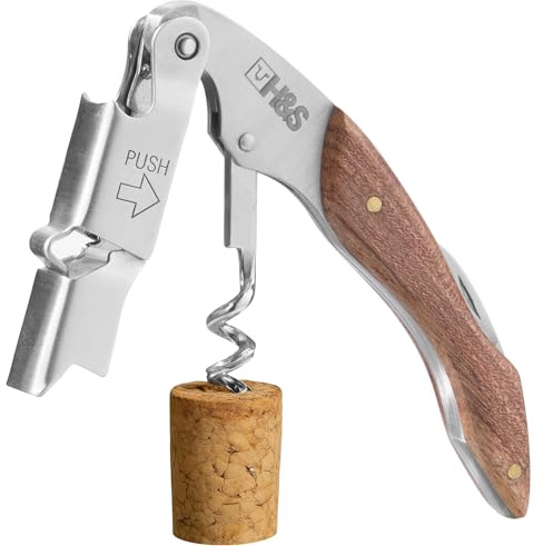 H&S Edelstahl Korkenzieher Wein - 3in1 Kellnermesser Profi - Weinmesser Korkenzieher Holz - Weinöffner mit Sommelier Messer - Weinöffner Kellnerbesteck Winzermesser Weinflaschenöffner