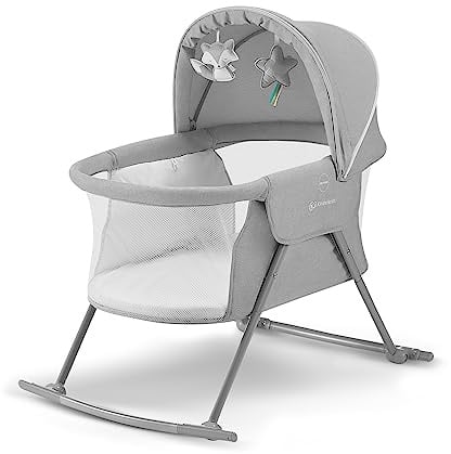 kk Kinderkraft Kinderkraft Kinderbett 3 in 1 lOVI, Kinderreisebett, Stubenwagen, Babywiege, Baby Wippe, Zusammenklappbar, Einfach Transport, mit Zubehör, Tasche, Moskitonetz,von Geburt bis 9 kg, Grau