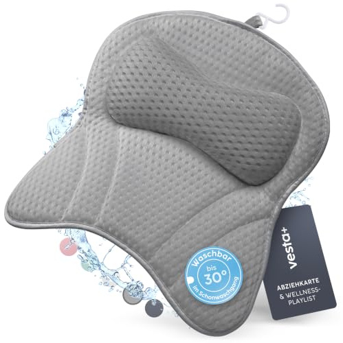 Vesta+ Badewannenkissen XXL Grau, 6 Saugnäpfe, 8 cm Nackenstütze | Badekissen für Badewanne aus 3D-Mesh mit Mikromassage-Oberfläche, waschbar, inkl. Abziehkarte & Wellness-Playlists
