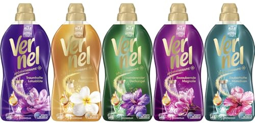 VERNEL Weichspüler Aromatherapie-Set 5x 46 Waschladungen (230WL) 1x Traumhafte Lotusblüte 1x Zauberhafte Malediven, 1x Sinnliche Frangipani, 1x Faszinierender Dschungel, 1x Bezaubernde Magnolie