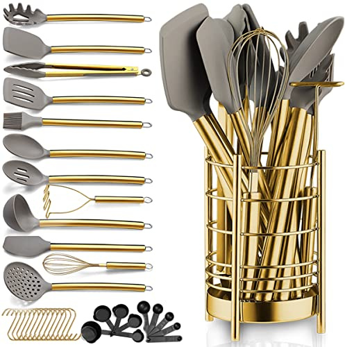 Gold Küchenutensilien Set, Berglander 38 teilig Antihaft Silikon Kochgeschirr Set, Löffel Spachtel Set mit stabilem Edelstahl Utensilienhalter, spülmaschinenfest