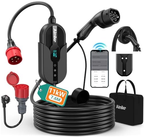 AIMILER Wallbox 11kW mit App, 400V (8-16A) 3 phasig 7,6M Mobile Ladestation CEE Typ 2 Ladekabel IP66 OLED EV Ladegerät Portabel/Wandmontage für Model Y/3, ID.3/4/5, MG4,Zoe und andere PHEV/EV