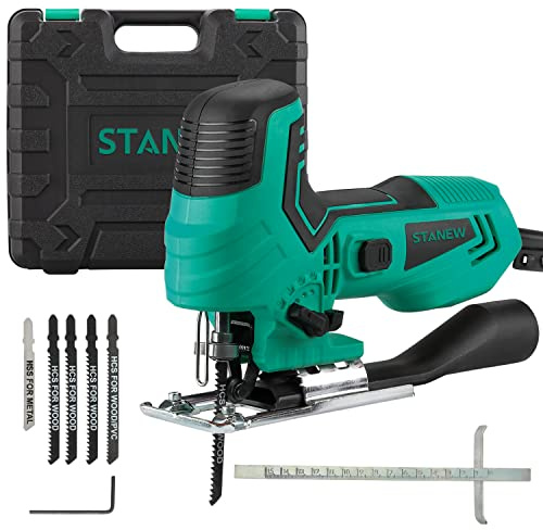 STANEW Stichsäge 650 Watt，5 x Stichsägeblatt, 3000 U/min, Elektro-Stichsäge, Neigungswinkel ±45°, 6 einstellbare Geschwindigkeiten, Werkzeugloser Klingenwechsel, Geeignet Für Holz, Metall, PVC