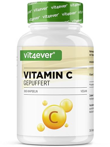 vit4ever Vitamin C gepuffert - 365 Kapseln - Hochdosiert mit 1000mg Vitamin C - Pflanzlich fermentiert (pH-neutral, säurefrei, magenschonend) - Vegan