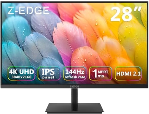 Z-Edge 28 Zoll 4K 144Hz Gaming Monitor UHD IPS 3840x2160 1ms HDMI 2.1 120Hz | U28I4K PC Bildschirm 16:9, 300cd/m² Helligkeit, FreeSync, HDR10, DP1.4 HDMI2.1, VESA Kompatibel, Schwarz