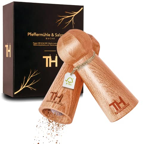 Thiru Profi Salz und Pfeffermühle Set - patentiertes Keramikmahlwerk - inkl. Untersetzer & Reinigungspinsel - Buche Massivholz mittel