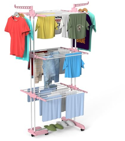 Innotic Wäscheständer mit klappbaren Rädern, Multifunktionaler Wäscheständer Turm Platzsparend mit Flügeln Wäscheturm (Rosa+Weiß)