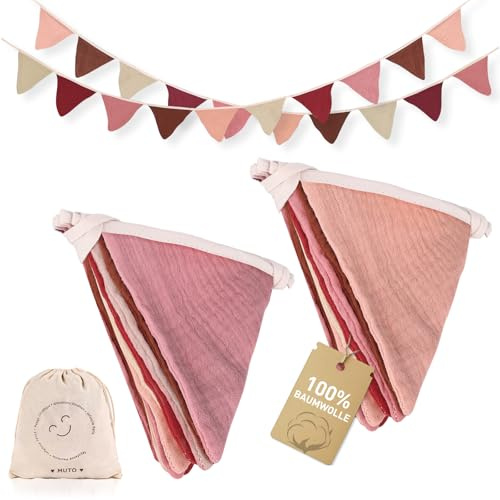 MutoToy 2 Stück Wimpelkette Kinderzimmer, Girlande Kinderzimmer Deko Rosa | 2.8m Wimpelkette Stoff aus Musselin Baumwolle Girlande Kinderzimmer Deko für Hausbett, Babyzimmer, Wanddeko (Rosa)