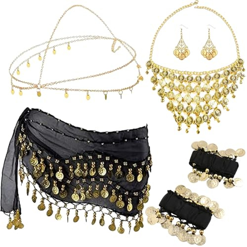 Auzlya 7 Set Bauchtanz Accessoires Damen, Damen Bauchtanz Gürtel,Bauchtanzs Münztuch,mit Ohrringe,Halskette,Stirnband und Armbänder,Araber-Kostüm Damen,bauchtanzs Kostüm für Carnival, Mottoparty