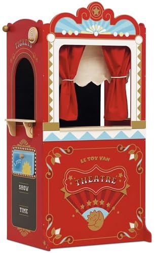 Le Toy Van - TV333 - Lernspiel ab 3 Jahren, große Holzpuppe und Puppentheater, 122 cm hoch, Montessori-Spielzeug, mit Wendeschild, 2 Tafeln, Vorhang mit echten Vorhängen
