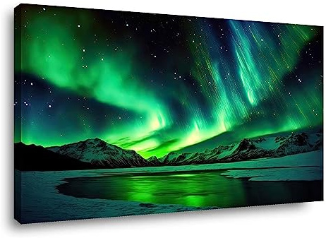 Visario Leinwandbild Nordlicht 80x60 cm 4060 - Wandbild Polarlichter über Bergen auf Holzrahmen - Kunstdruck Naturlandschaft fertig aufgespannt - Wanddekoration für Wohnzimmer Schlafzimmer Büro Flur