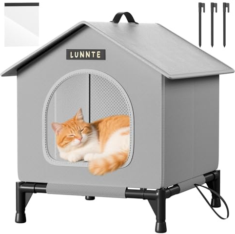 Wasserdichtes Outdoor Katzenhaus, Robustes 4-Jahreszeiten Katzenhäuschen mit erhöhtem Stand, Wetterfestes Tierheim mit Türvorhang für Katzen & Kleine Hunde, Streuner (34x40x47cm, Grau)