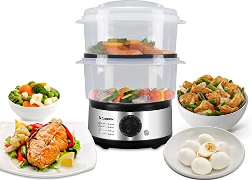 Beper - 5 L Multifunktionaler Dampfgarer, Kompaktspeicher, 60-Minuten-Timer, Leistung 400-500 W, - Silber und Schwarz