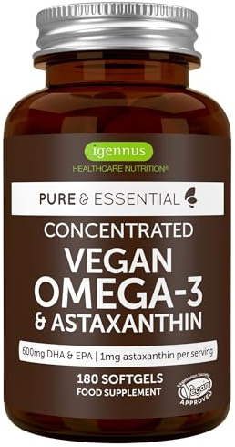Igennus Hochwertigstes Omega-3 Algenöl & Astaxanthin, 180 Weichkapseln, Triglyceridform, 400mg DHA & 200mg EPA Omega-3 Fettsäuren, pflanzlich aus Mikroalgen, rein & nachhaltig, frei von Umweltgiften