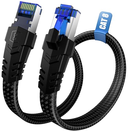 LAN Netzwerkkabel Cat 8-1M 2M 3M 5M 10M 15M 20M 30M Internet Ethernet Kabel | 40Gbps 2000MHz Hochgeschwindigkeits Lan Kabel, Flach RJ45 Gigabit Nylongeflecht Patchkabel für Switch, PC, TV, Modem-0.5Meter