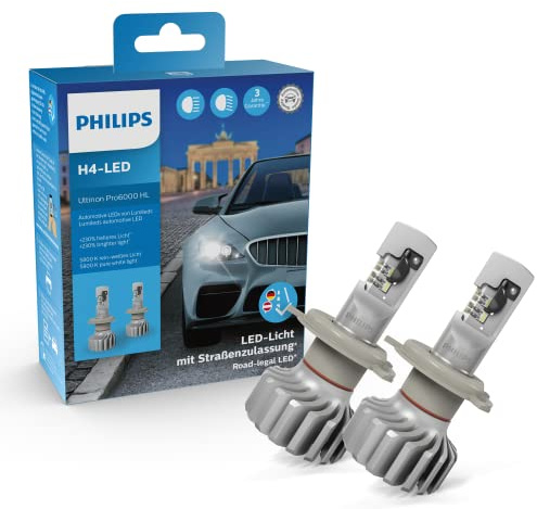 Philips Ultinon Pro6000 H4-LED Scheinwerferlampe mit Straßenzulassung, 230% helleres Licht, 5.800K