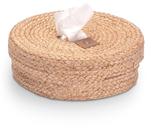 Decorasian Taschentuchspender für Kosmetiktücher Box, geflochten aus Jute - Taschentuchbox mit Deckel – Kosmetiktuchspender im Boho Stil - rund
