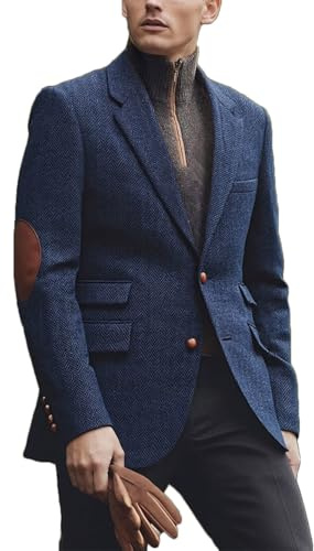 RAJEGAR Herren Tweed Jacke Sport Blazer Fischgrätenmuster gekerbtes Revers Wollmischung Vintage British Norfolk Jacke Patch am Ellenbogen