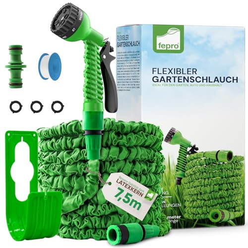 Fepro® Flexibler Gartenschlauch mit 7 Funktion max.7,5m basic, Wasserschlauch flexibel mit 3-Fach Latexkern inkl. Adapter für 1/2' 3/4' Zoll und Wandhalterung, dehnbarer flexiSchlauch