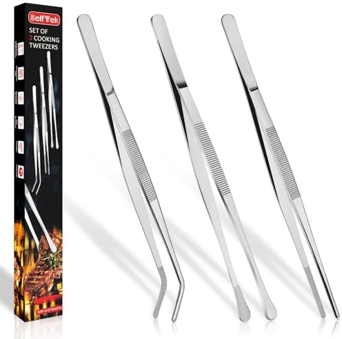 SelfTek 3 Stück Kochpinzette Edelstahl Lang - 30CM Grillpinzette Edelstahl Set, als BBQ Koch Pinzette Grillpinzette Küchenpinzette für Kochen Grillen und Backen, Silber