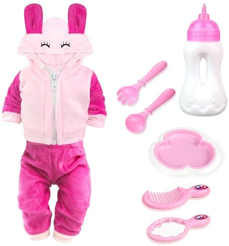 Baby Puppe Zubehör -Babypuppe Fütterung und Pflege Set mit Flasche Puppenmantel und Hosen für Mädchen Spielzeug Geschenk, Puppenzubehör Puppenkleidung passen 14-16 Zoll 18 Zoll und 43 cm Puppe