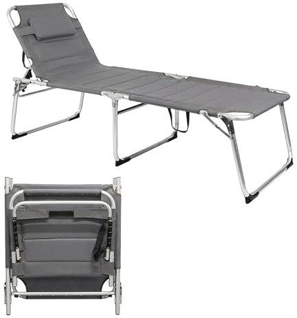 Spetebo Aluminium Gartenliege XXL Grau - 200 x 70 cm - mit Kopfkissen | Sonnenliege gepolstert,Liegefläche 199x70 cm, Belastbar bis 150 Kg